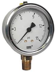 [9767037] 213.53 Series Industrial Brass Liquid Filled Pressure Gauge, 0 to 15 PSI, 1/4" NPT Brass Connection, Lower Mount