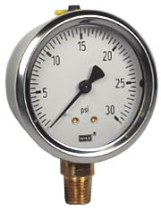 [9767045] 213.53 Series Industrial Brass Liquid Filled Pressure Gauge, 2.5" Dial, 0 to 30 PSI, 1/4" NPT Lower Mount