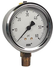 [9767053] 213.53 Series Industrial Brass Liquid Filled Pressure Gauge, 2.5" Dial, 0 to 60 PSI, 1/4" NPT Lower Mount