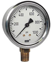 [9767126] 213.53 Series Industrial Brass Liquid Filled Pressure Gauge, 2.5" Dial, 0 to 1000 PSI, 1/4" NPT Lower Mount