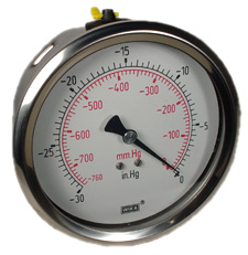 [4272537] 212.53 Series 4" Industrial Brass Dry Pressure Gauge, -30 inHg/0 psi, 1/4 NPT LM, Liquid Filled